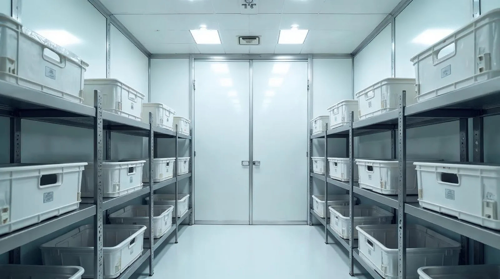 Intérieur d'une chambre froide professionnelle en inox dans un restaurant