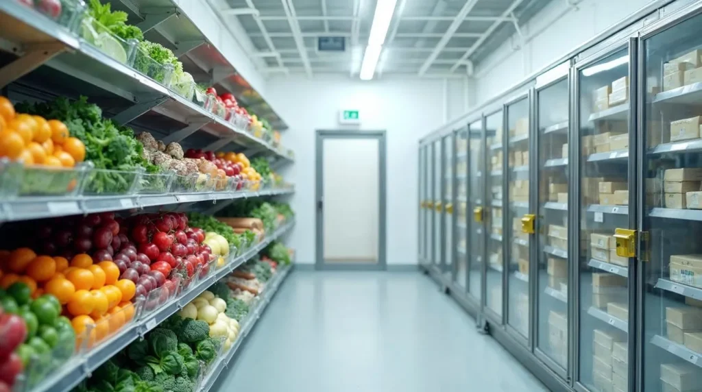 Produits frais et laitages conservés dans une chambre froide positive