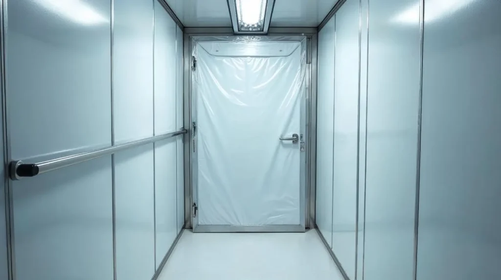 Chambre froide équipée d'un rideau à lanières et de rayonnages inox