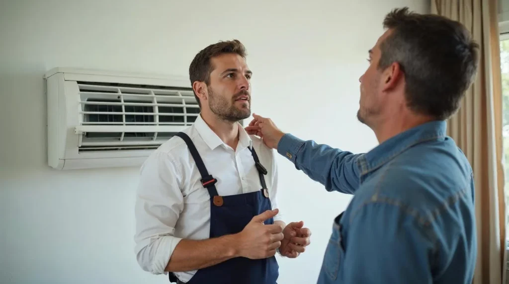 Technicien conseillant un client sur sa climatisation