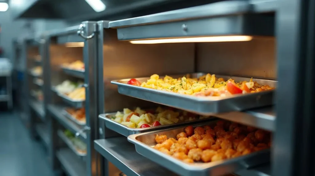 Étuve cuisine professionnelle en inox avec plateaux de préparations