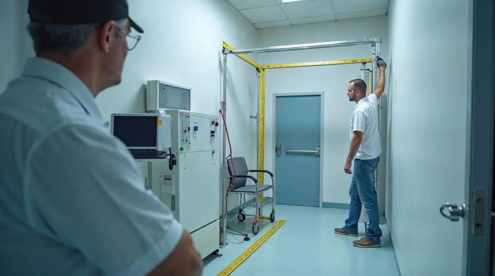 Technicien étudiant l'implantation d'une étuve dans un local