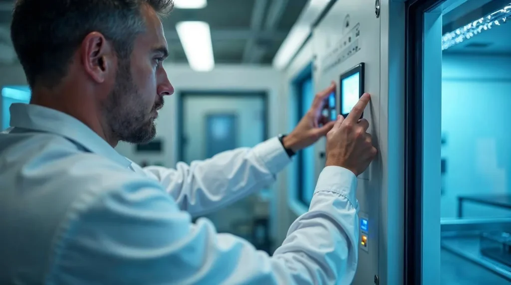 Technicien contrôlant le panneau de commande d'une étuve
