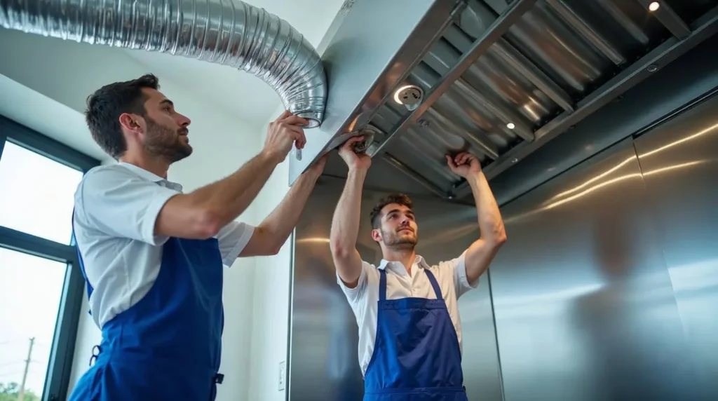 Installation des gaines d'extraction d'une hotte de cuisine