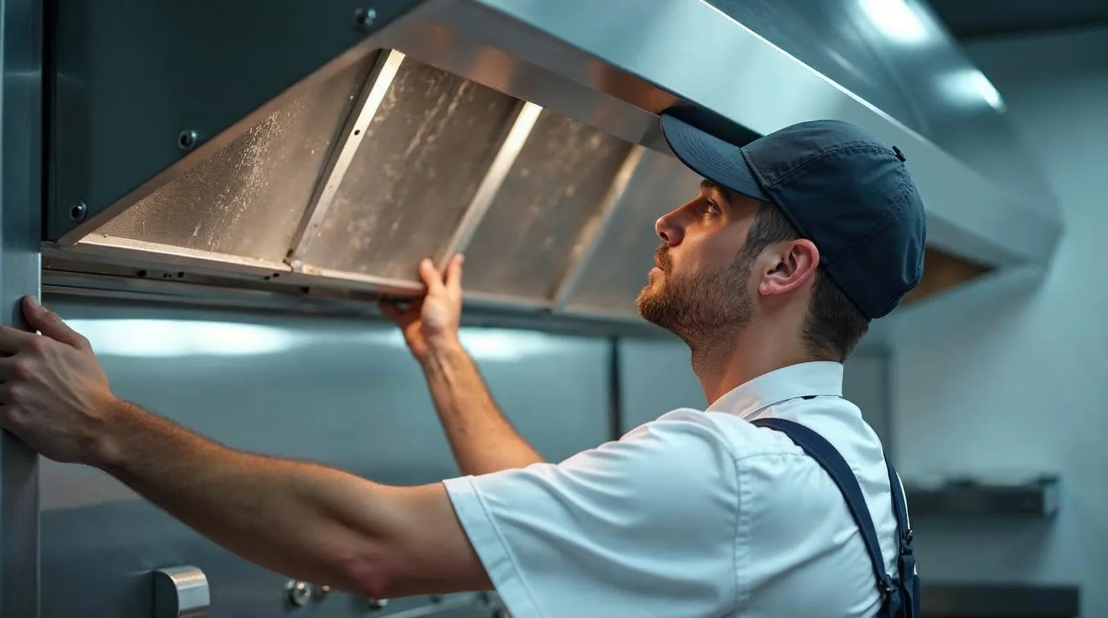 Technicien remplaçant les filtres d'une hotte professionnelle
