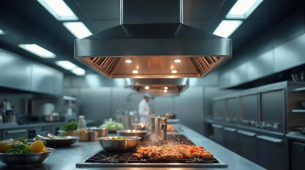 Hotte professionnelle en inox au-dessus d'un piano de cuisson