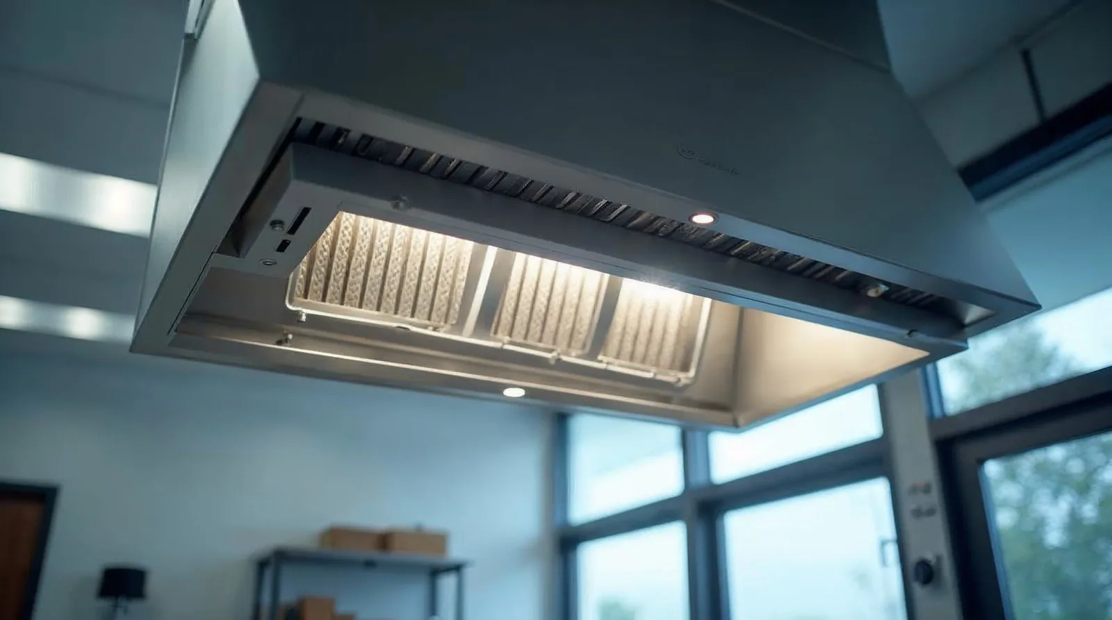 Hotte à recyclage avec filtration renforcée dans une petite cuisine