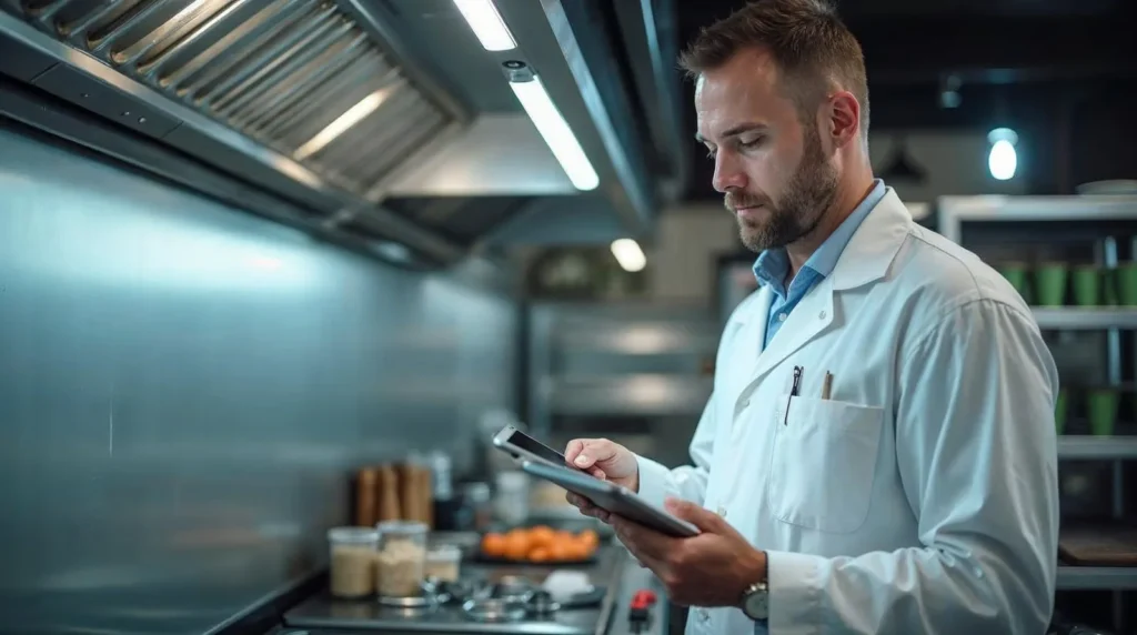 Professionnel réalisant une visite technique sur une hotte de cuisine