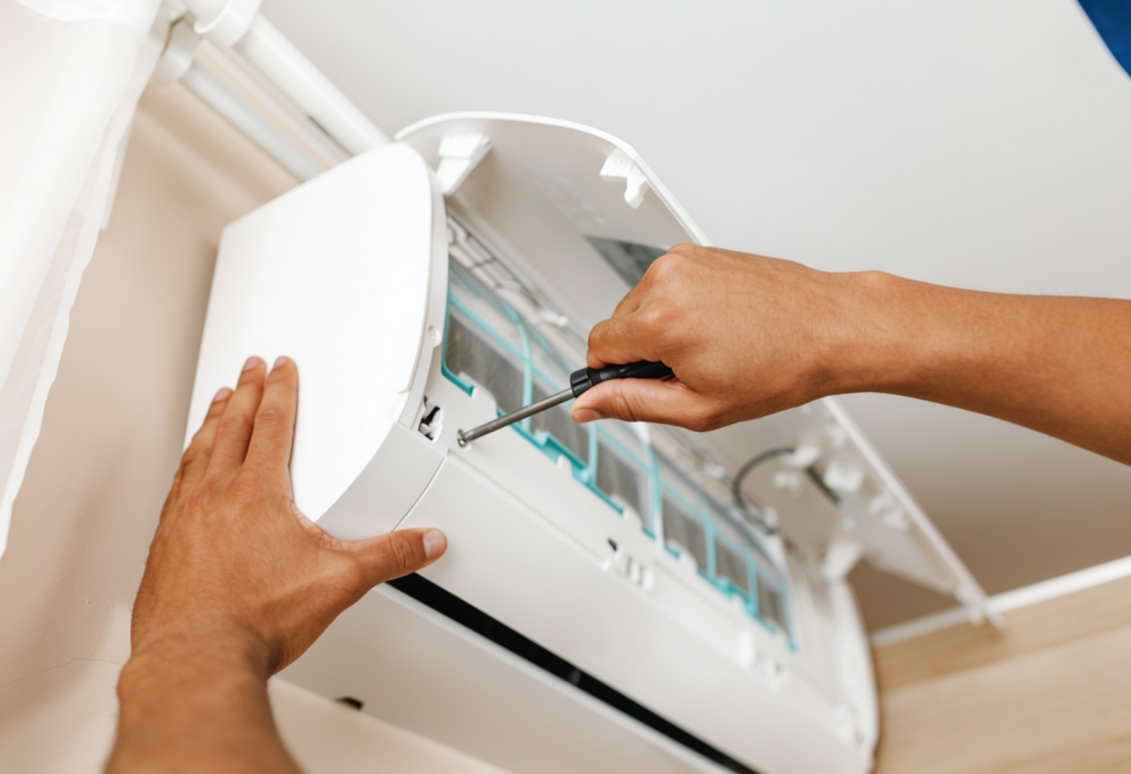 Technicien entretenant les filtres d'un climatiseur
