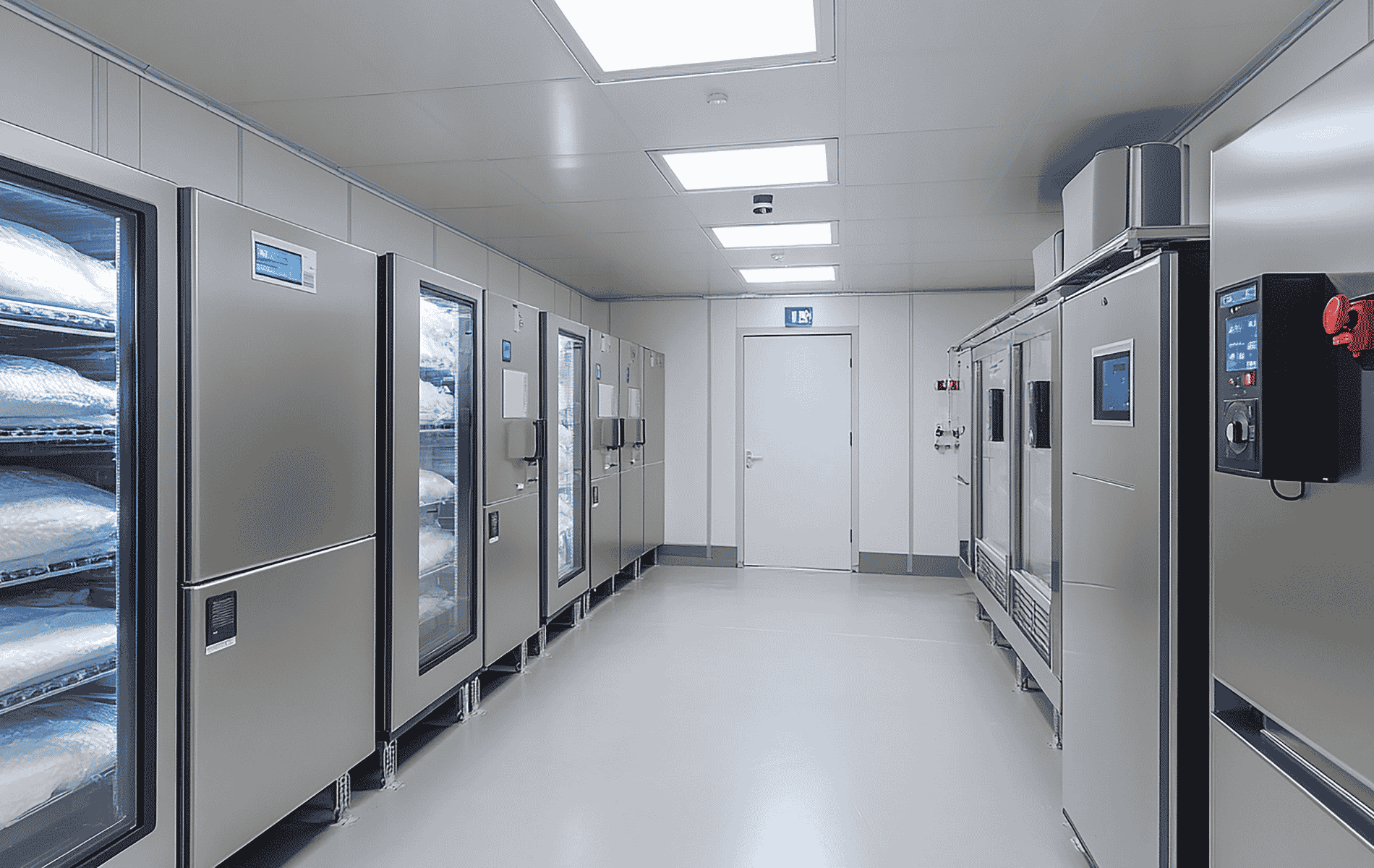 Viandes et poissons surgelés stockés dans une chambre froide négative