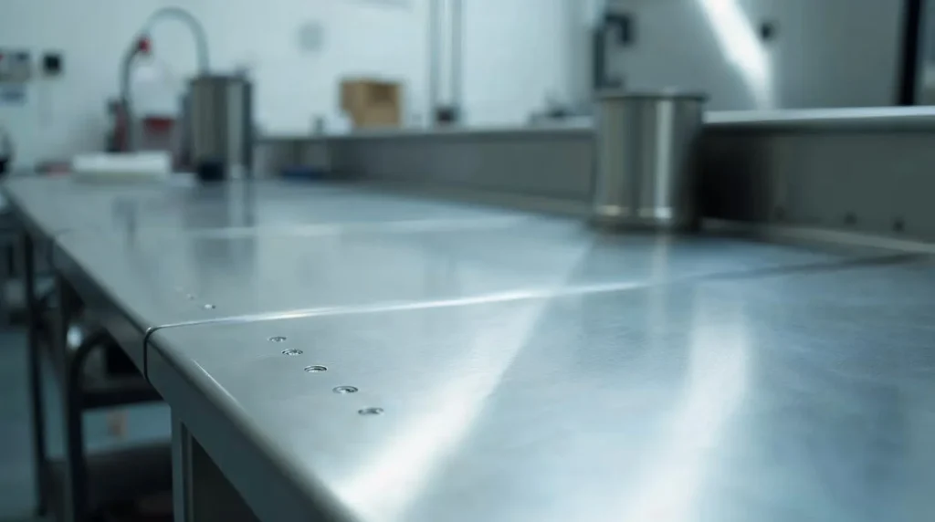 Plan de travail inox dans une cuisine professionnelle