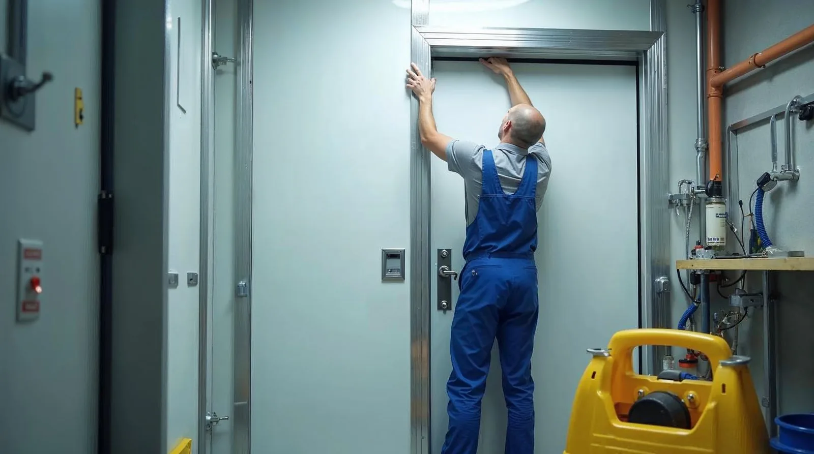 Installation d'une porte isotherme par un technicien