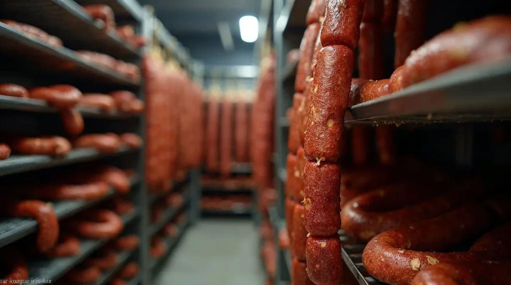 Séchoir à charcuterie avec saucissons suspendus