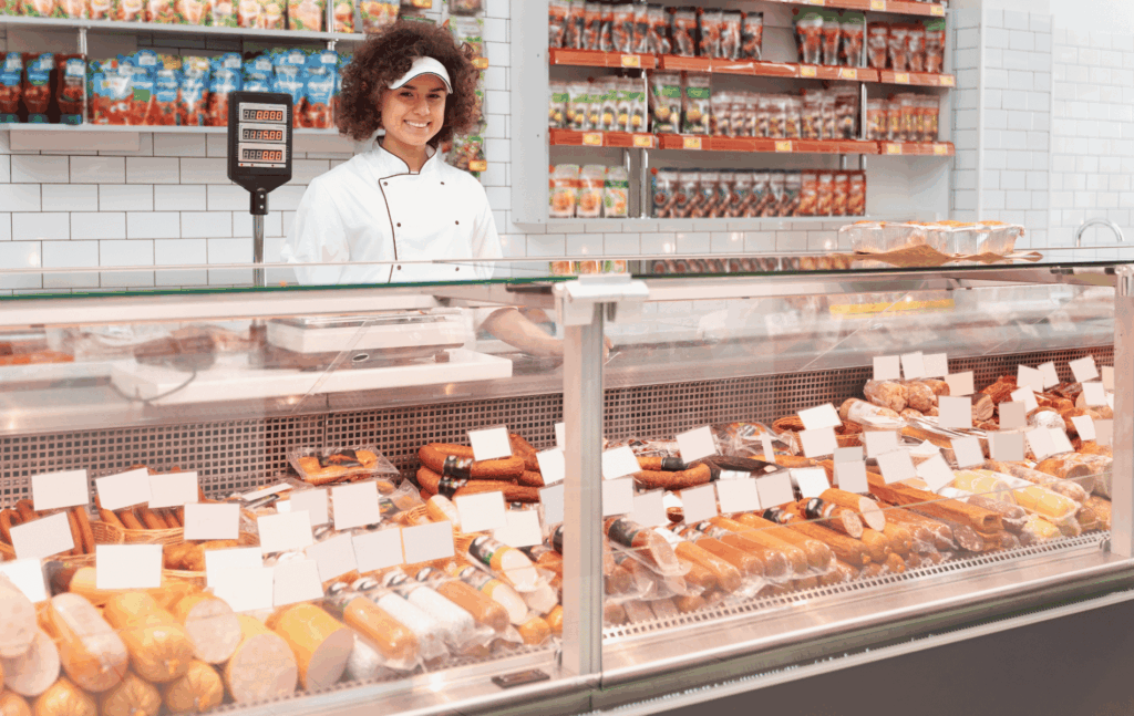 Vitrine réfrigérée de boucherie garnie de viandes