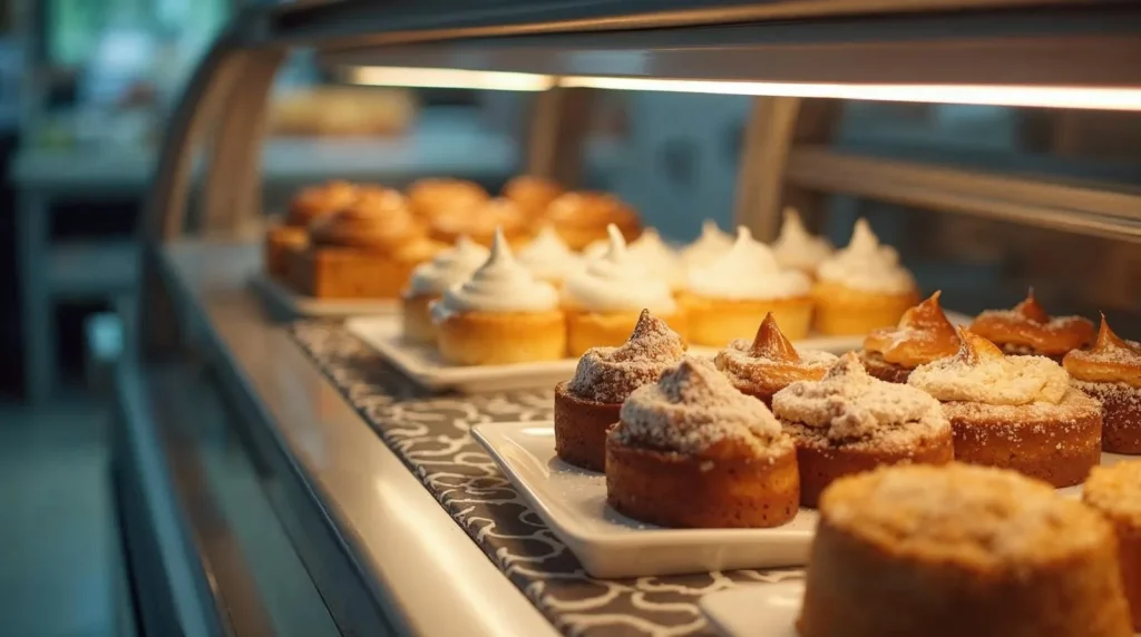 Vitrine réfrigérée de pâtisserie mettant en valeur les produits
