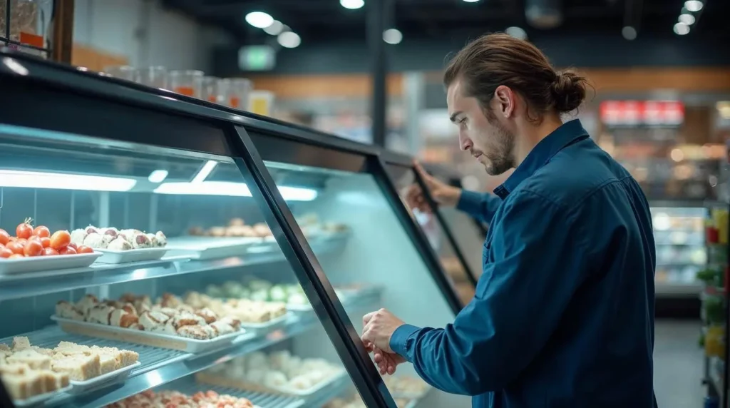 Installation d'une vitrine réfrigérée par un technicien